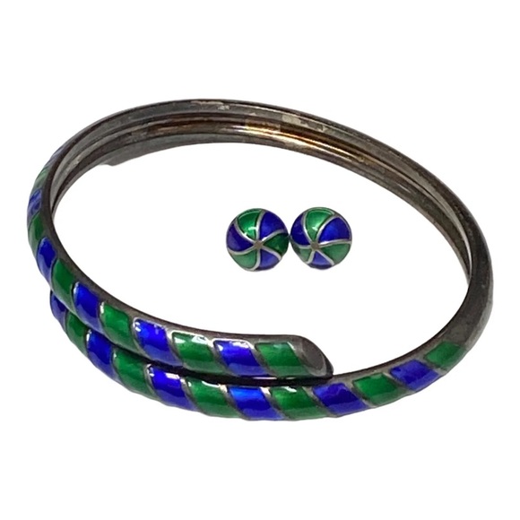David Andersen Norway Vintage Sterling Silver Blue Green Enamel Bracelet Studs